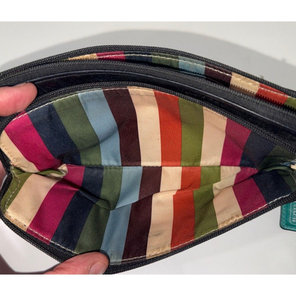 Coach Wristlet Black Leather Wallet Double Zip Striped Legacy Satin Lining 8x4 - Picture 15 of 16